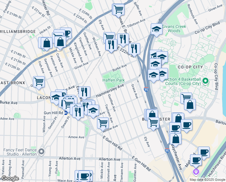 map of restaurants, bars, coffee shops, grocery stores, and more near in The Bronx