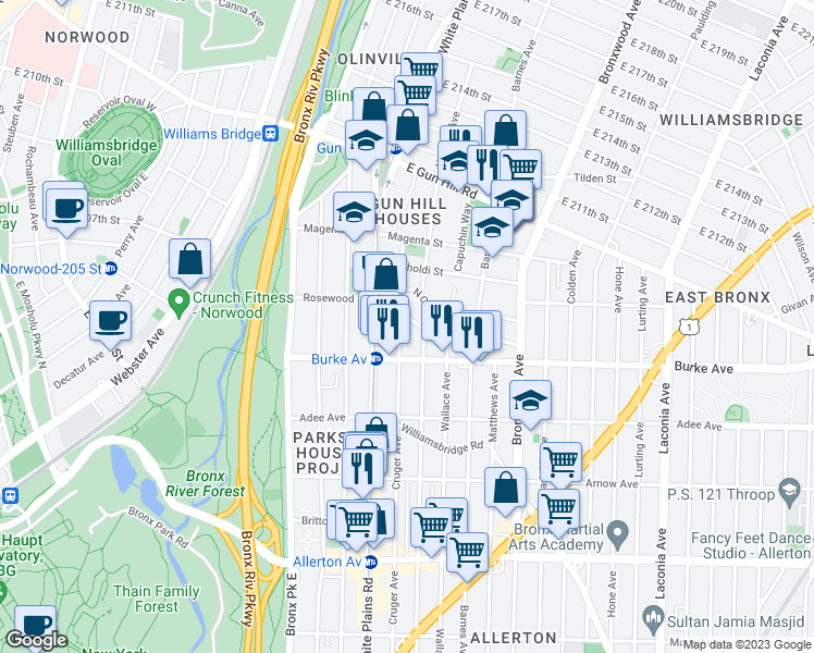 map of restaurants, bars, coffee shops, grocery stores, and more near 3214 Cruger Avenue in Bronx