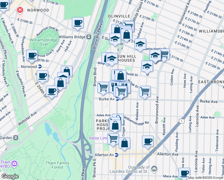 map of restaurants, bars, coffee shops, grocery stores, and more near 3225 White Plains Road in Bronx