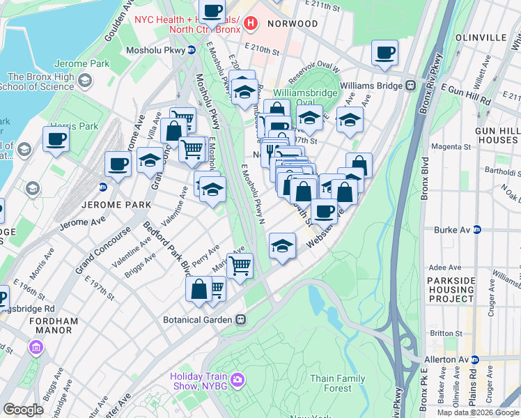 map of restaurants, bars, coffee shops, grocery stores, and more near in The Bronx