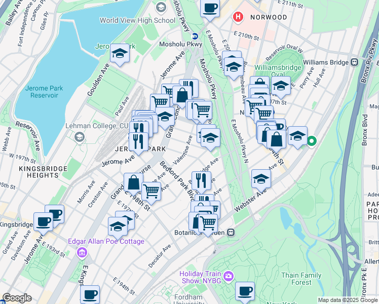 map of restaurants, bars, coffee shops, grocery stores, and more near 240 East 201st Street in Bronx