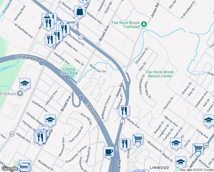 map of restaurants, bars, coffee shops, grocery stores, and more near 19 Squire Court in Englewood
