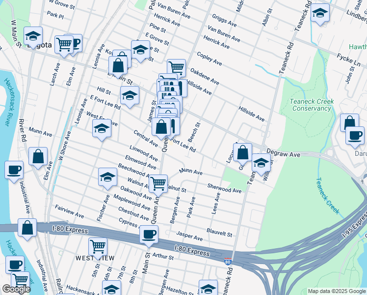 map of restaurants, bars, coffee shops, grocery stores, and more near 191 Henry Street in Teaneck