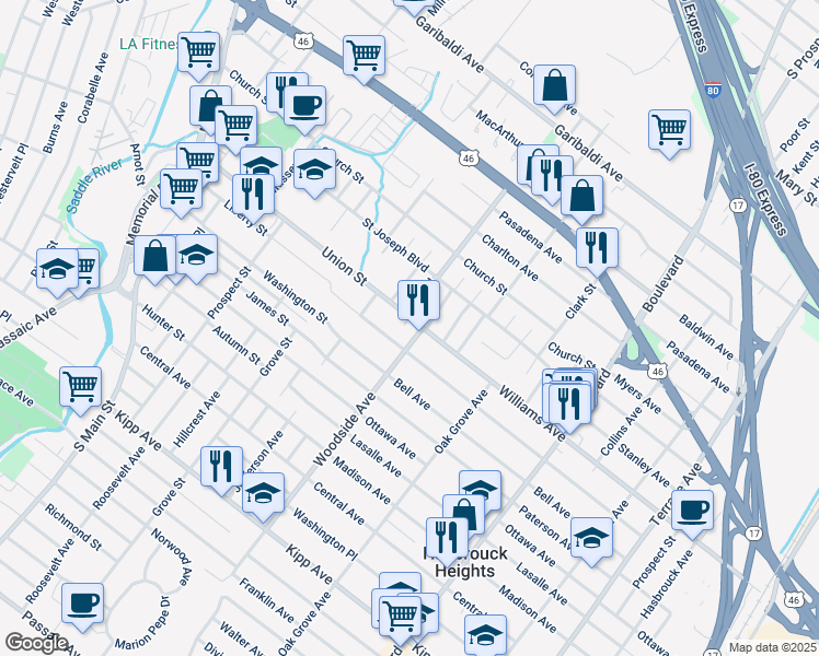 map of restaurants, bars, coffee shops, grocery stores, and more near 36 Lawrence Avenue in Lodi