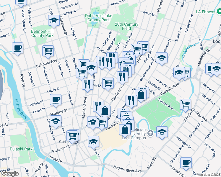 map of restaurants, bars, coffee shops, grocery stores, and more near 155 Harrison Avenue in Garfield