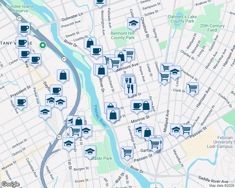 map of restaurants, bars, coffee shops, grocery stores, and more near 196 Cambridge Avenue in Garfield