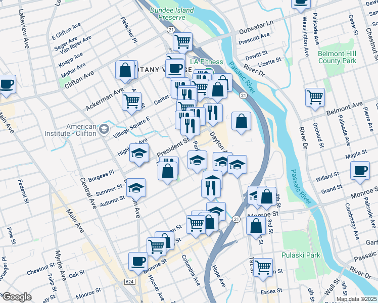 map of restaurants, bars, coffee shops, grocery stores, and more near in Passaic