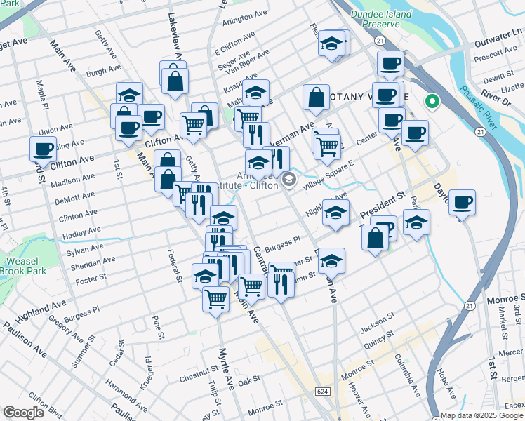 map of restaurants, bars, coffee shops, grocery stores, and more near 37 Yereance Avenue in Clifton