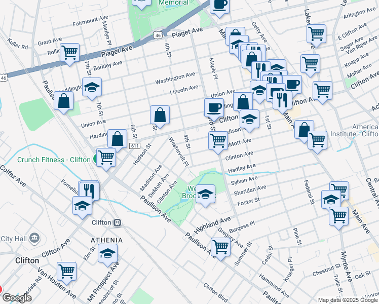map of restaurants, bars, coffee shops, grocery stores, and more near 221 DeMott Avenue in Clifton