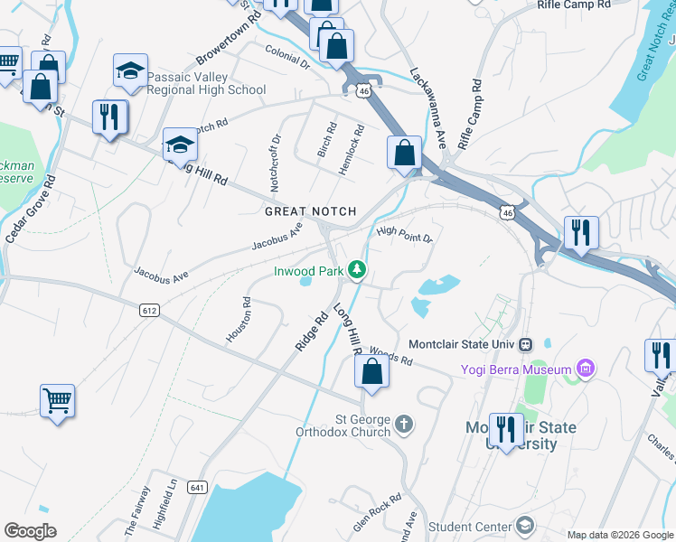 map of restaurants, bars, coffee shops, grocery stores, and more near 190 Long Hill Road in Little Falls