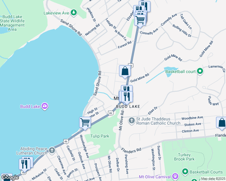 map of restaurants, bars, coffee shops, grocery stores, and more near 13 North Mount Olive Road in Mount Olive