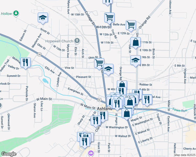 map of restaurants, bars, coffee shops, grocery stores, and more near 504 Carroll Street in Ashland