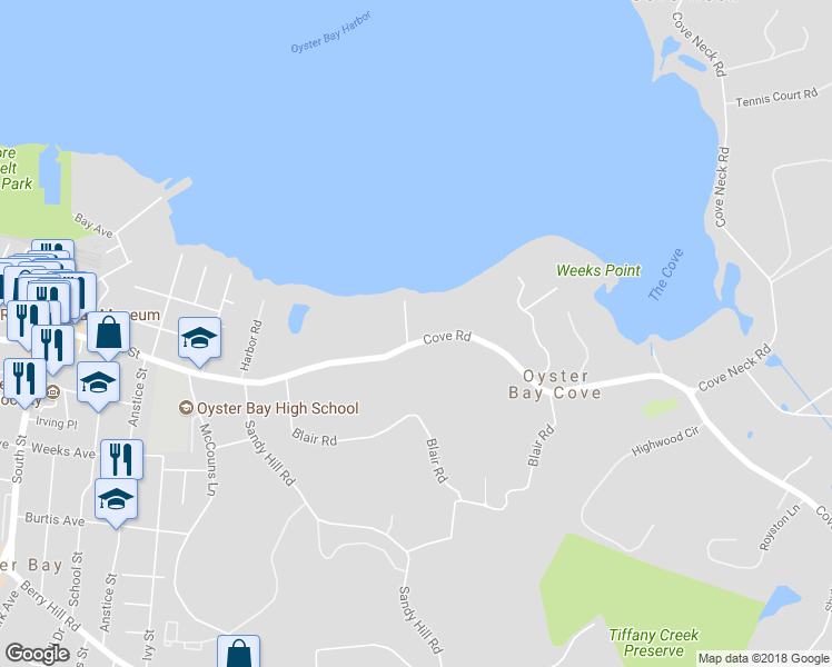 map of restaurants, bars, coffee shops, grocery stores, and more near 2 Steamboat Landing Road in Oyster Bay