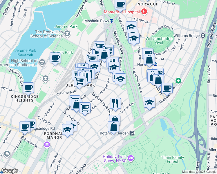 map of restaurants, bars, coffee shops, grocery stores, and more near 240 East 201st Street in Bronx