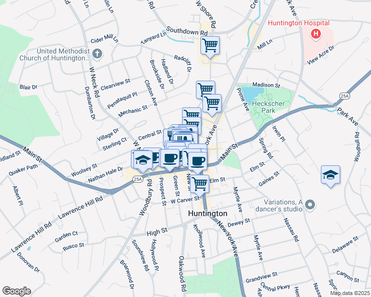 map of restaurants, bars, coffee shops, grocery stores, and more near Wall St & Gerard St in Huntington