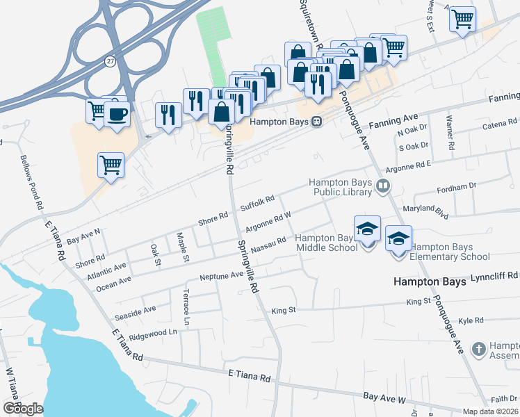 map of restaurants, bars, coffee shops, grocery stores, and more near 48 Argonne Road West in Hampton Bays