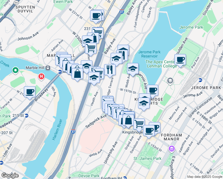 map of restaurants, bars, coffee shops, grocery stores, and more near 2737 Kingsbridge Terrace in The Bronx