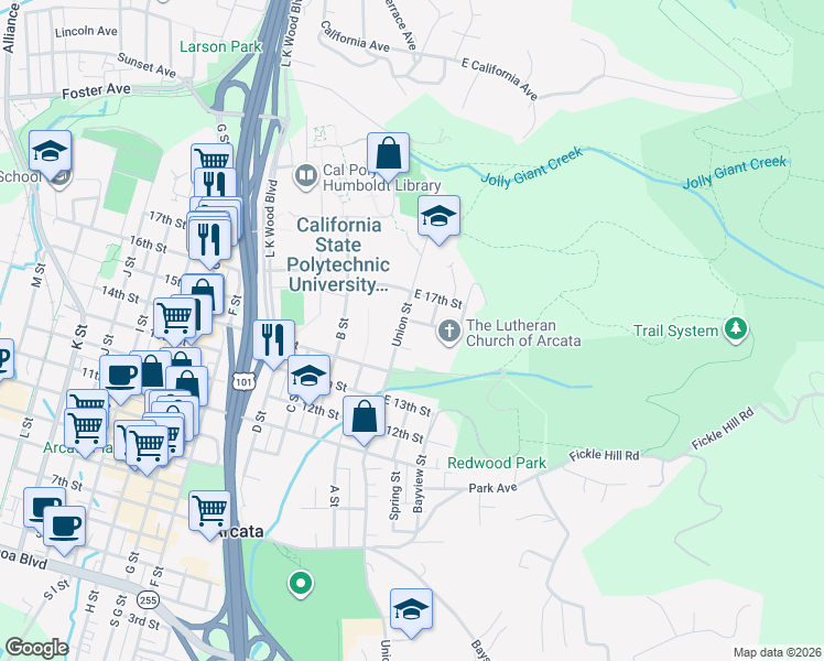 map of restaurants, bars, coffee shops, grocery stores, and more near 86 E 15th St in Arcata