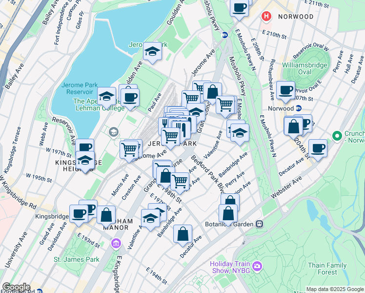 map of restaurants, bars, coffee shops, grocery stores, and more near in The Bronx