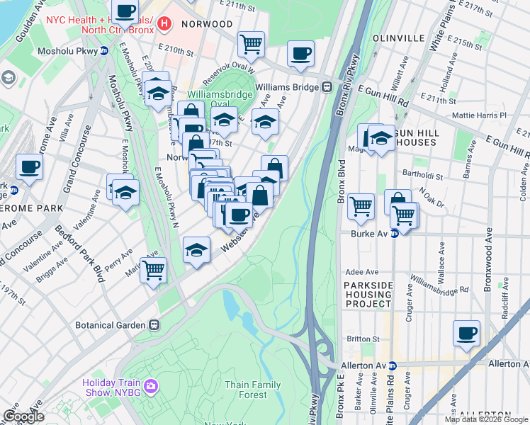 map of restaurants, bars, coffee shops, grocery stores, and more near 3150 Webster Avenue in The Bronx