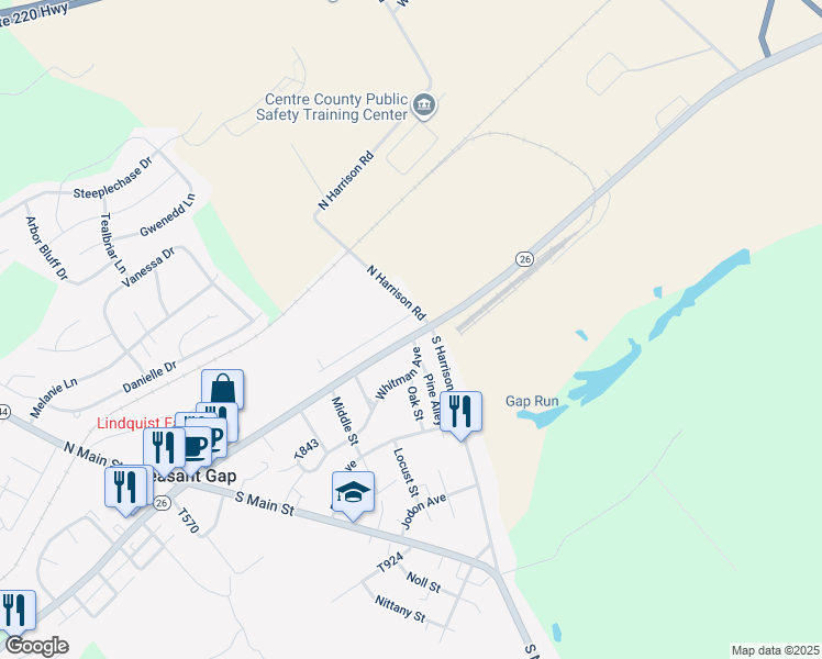 map of restaurants, bars, coffee shops, grocery stores, and more near 315 East College Avenue in Pleasant Gap