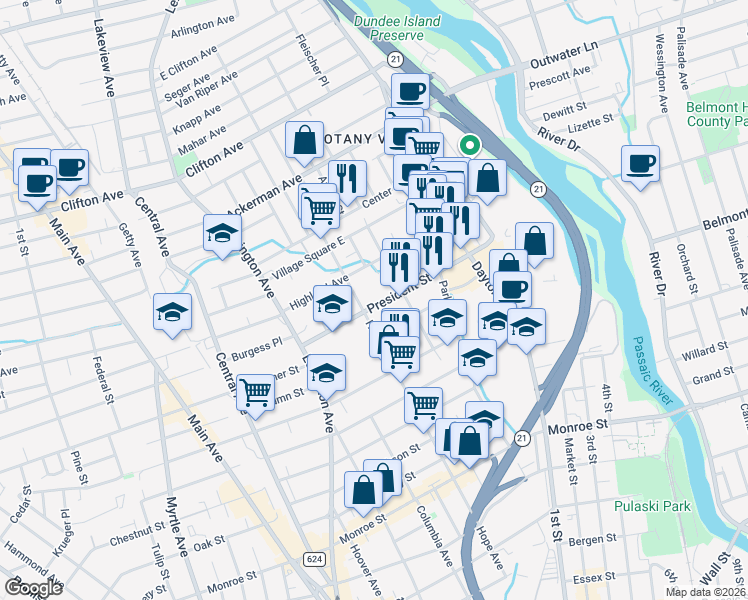 map of restaurants, bars, coffee shops, grocery stores, and more near 185 President Street in Passaic