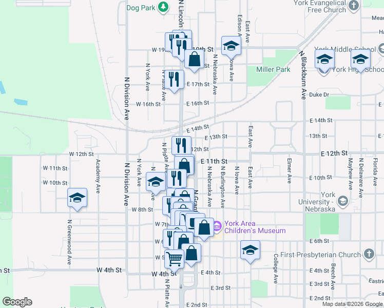 map of restaurants, bars, coffee shops, grocery stores, and more near 201 East 11th Street in York
