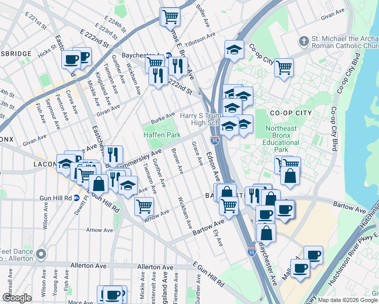 map of restaurants, bars, coffee shops, grocery stores, and more near 3016 Bruner Avenue in The Bronx