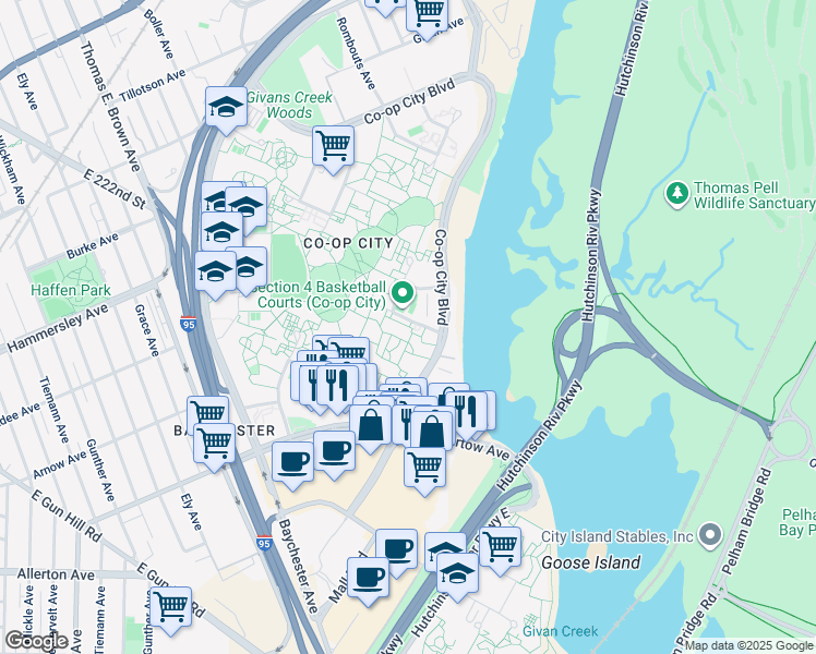 map of restaurants, bars, coffee shops, grocery stores, and more near 120 Co Op City Boulevard in The Bronx