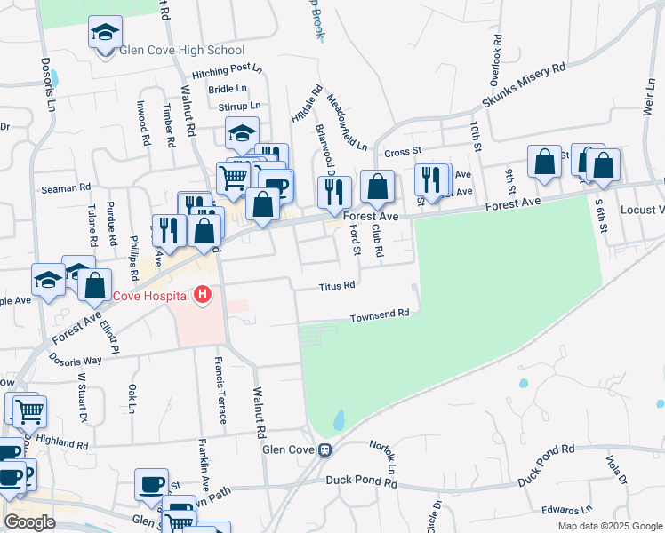 map of restaurants, bars, coffee shops, grocery stores, and more near 29 Titus Road in Glen Cove
