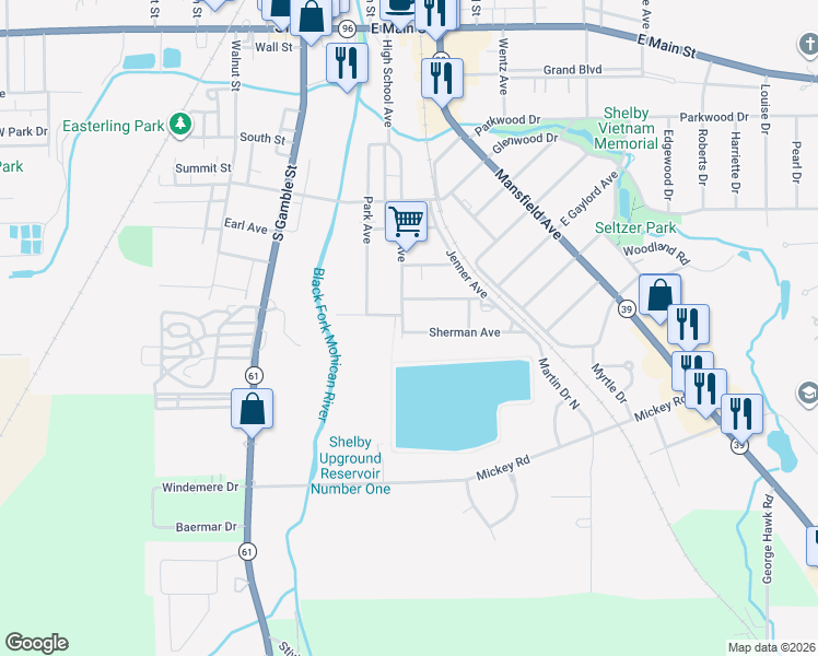 map of restaurants, bars, coffee shops, grocery stores, and more near 38 Sherman Avenue in Shelby
