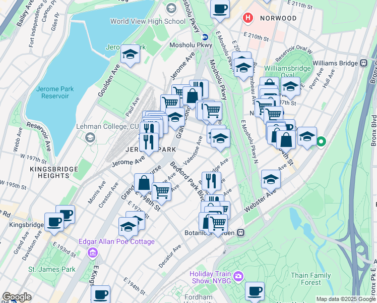 map of restaurants, bars, coffee shops, grocery stores, and more near 225 East 201st Street in Bronx