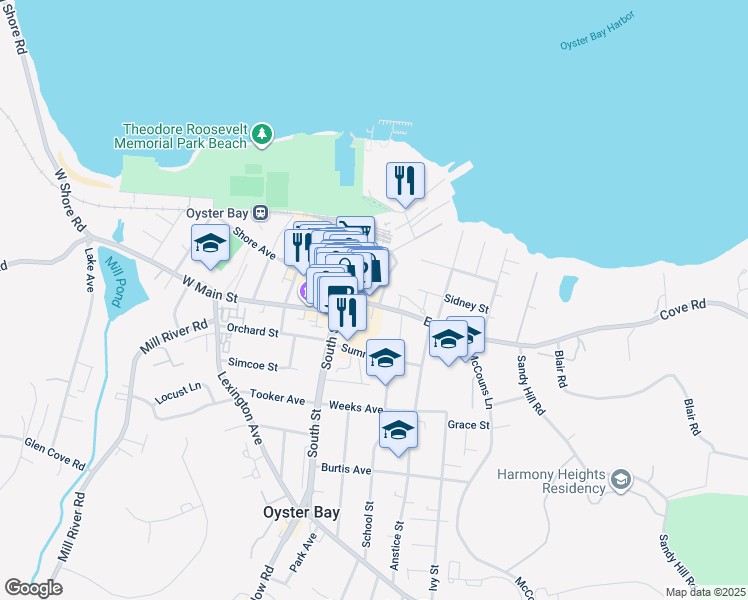 map of restaurants, bars, coffee shops, grocery stores, and more near 65 East Main Street in Oyster Bay