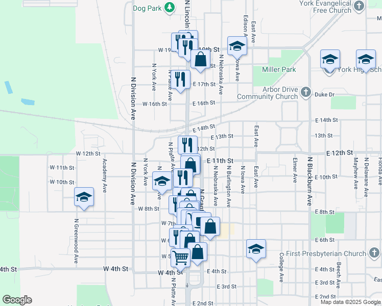 map of restaurants, bars, coffee shops, grocery stores, and more near 1101 North Lincoln Avenue in York