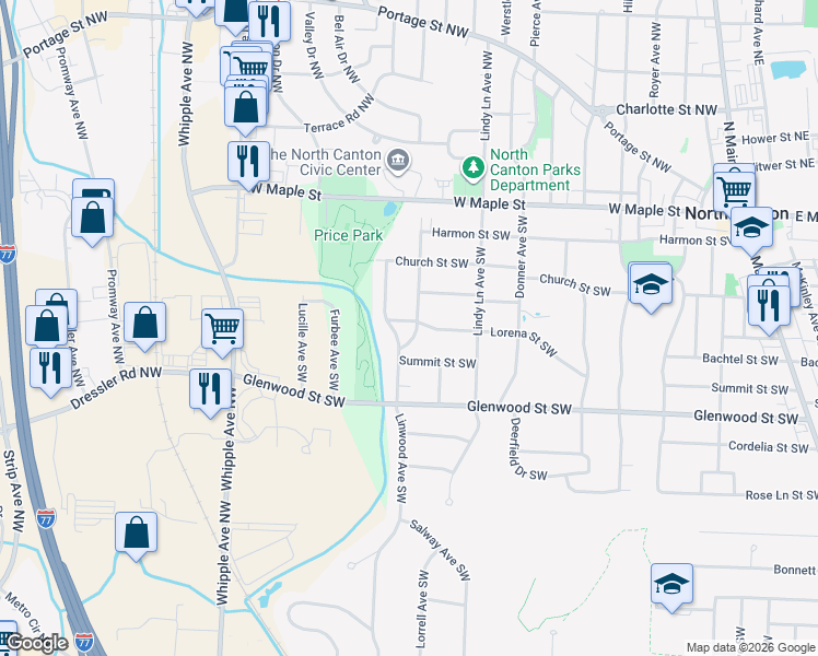 map of restaurants, bars, coffee shops, grocery stores, and more near 505 Middlesworth Avenue Southwest in North Canton