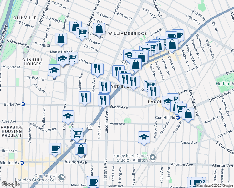 map of restaurants, bars, coffee shops, grocery stores, and more near 3225 Hering Avenue in Bronx