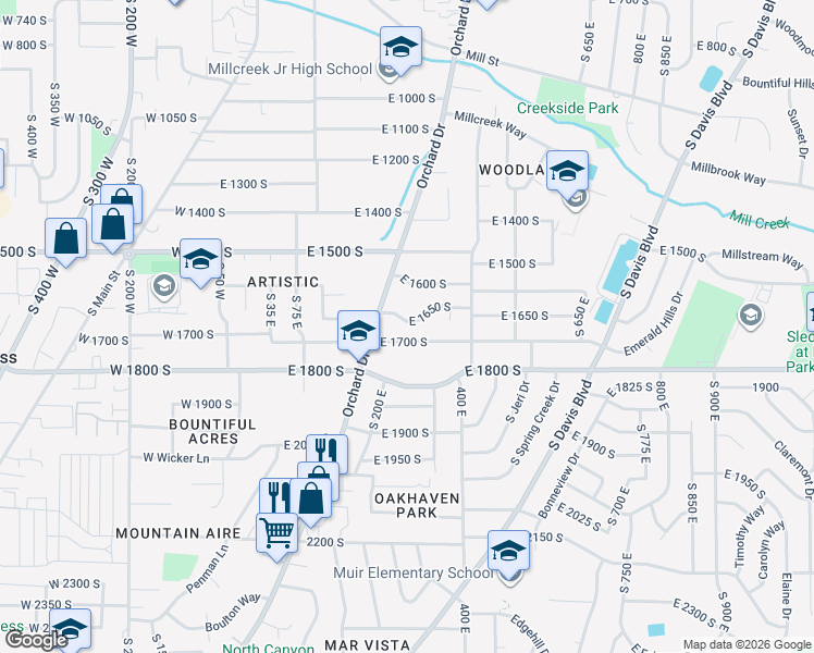 map of restaurants, bars, coffee shops, grocery stores, and more near 288 East 1650 South in Bountiful