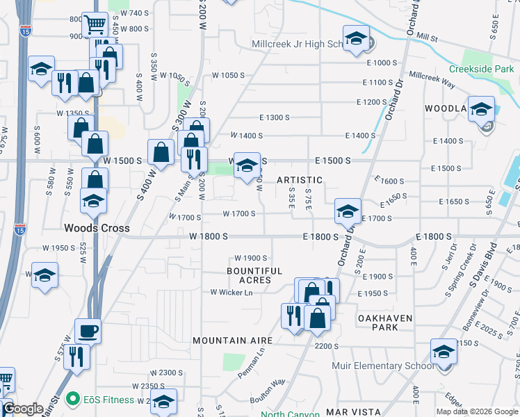 map of restaurants, bars, coffee shops, grocery stores, and more near 71 West 1700 South in Bountiful