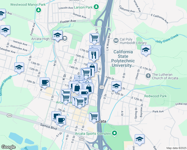 map of restaurants, bars, coffee shops, grocery stores, and more near 620 13th Street in Arcata
