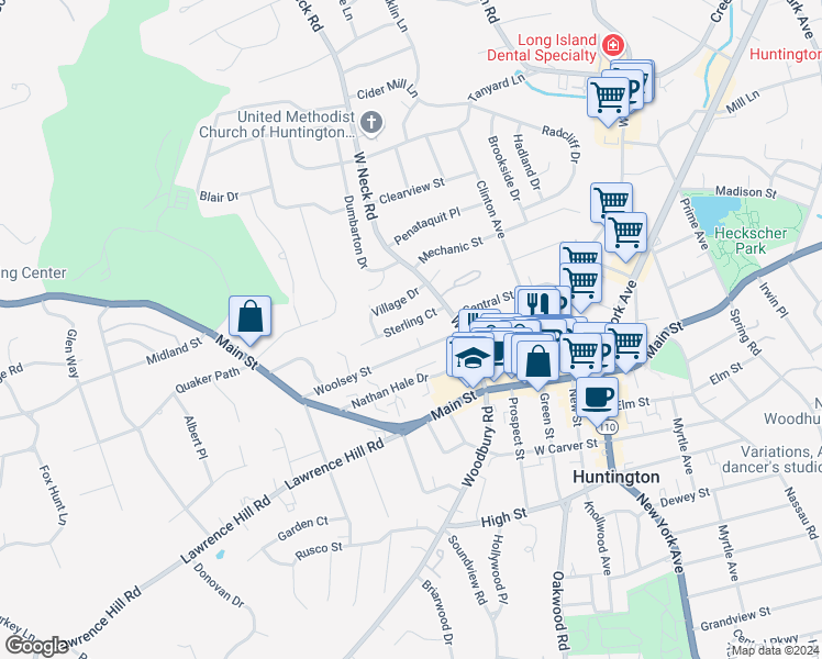 map of restaurants, bars, coffee shops, grocery stores, and more near 49 Woolsey Street in Huntington