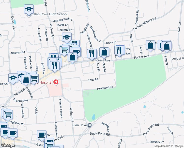 map of restaurants, bars, coffee shops, grocery stores, and more near 29 Titus Road in Glen Cove