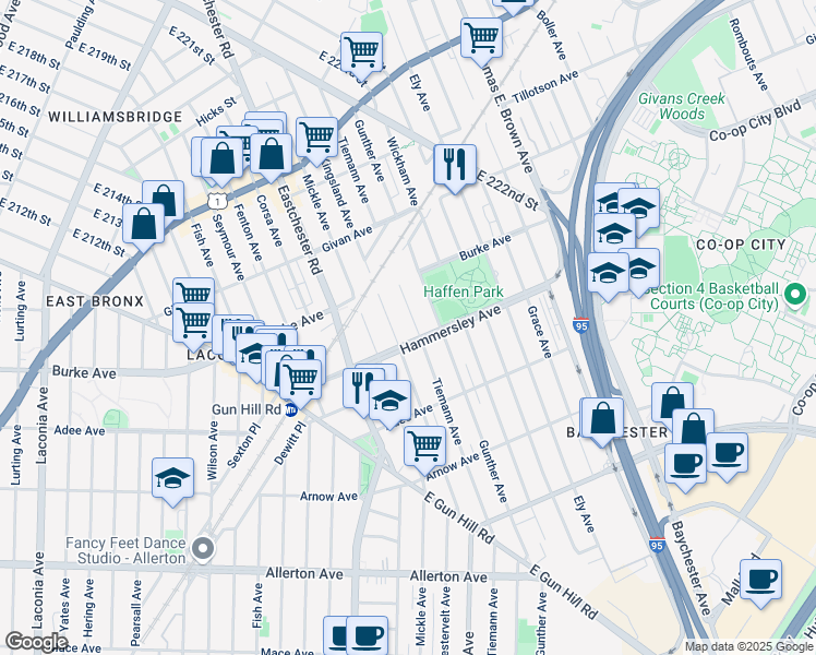 map of restaurants, bars, coffee shops, grocery stores, and more near 1611 Hammersley Avenue in Bronx