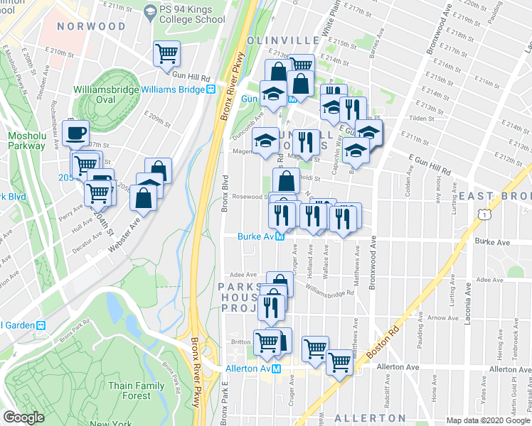 map of restaurants, bars, coffee shops, grocery stores, and more near 3225 White Plains Road in Bronx