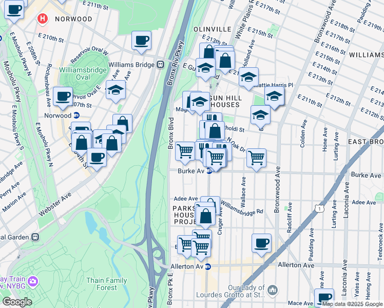 map of restaurants, bars, coffee shops, grocery stores, and more near 3218 Barker Avenue in Bronx