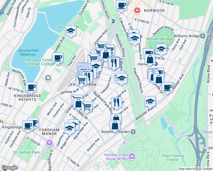 map of restaurants, bars, coffee shops, grocery stores, and more near 240 East 201st Street in Bronx