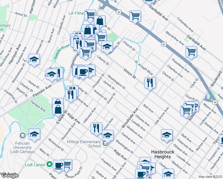 map of restaurants, bars, coffee shops, grocery stores, and more near 127 Spring Street in Lodi