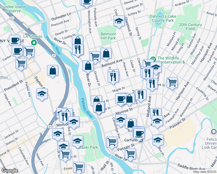 map of restaurants, bars, coffee shops, grocery stores, and more near 196 Cambridge Avenue in Garfield