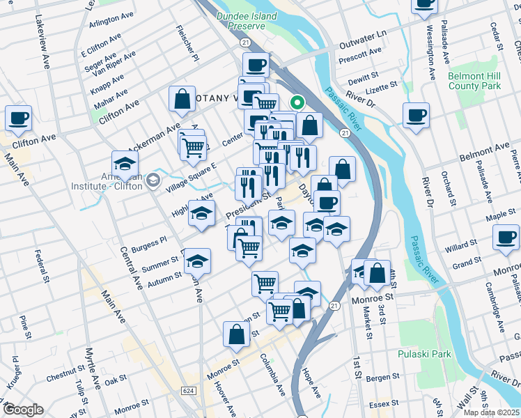 map of restaurants, bars, coffee shops, grocery stores, and more near 43 Van Winkle Avenue in Passaic