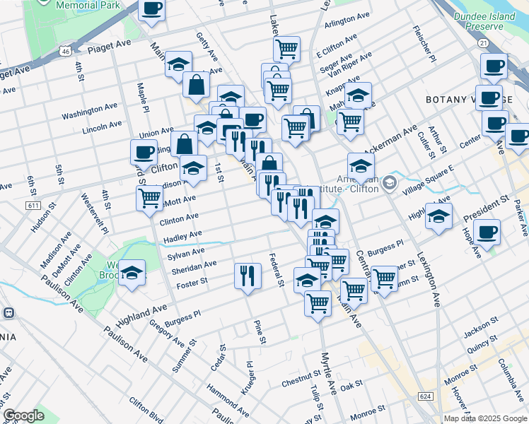 map of restaurants, bars, coffee shops, grocery stores, and more near 45 Hadley Avenue in Clifton