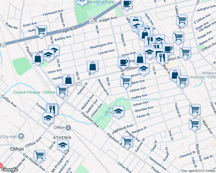 map of restaurants, bars, coffee shops, grocery stores, and more near 221 DeMott Avenue in Clifton